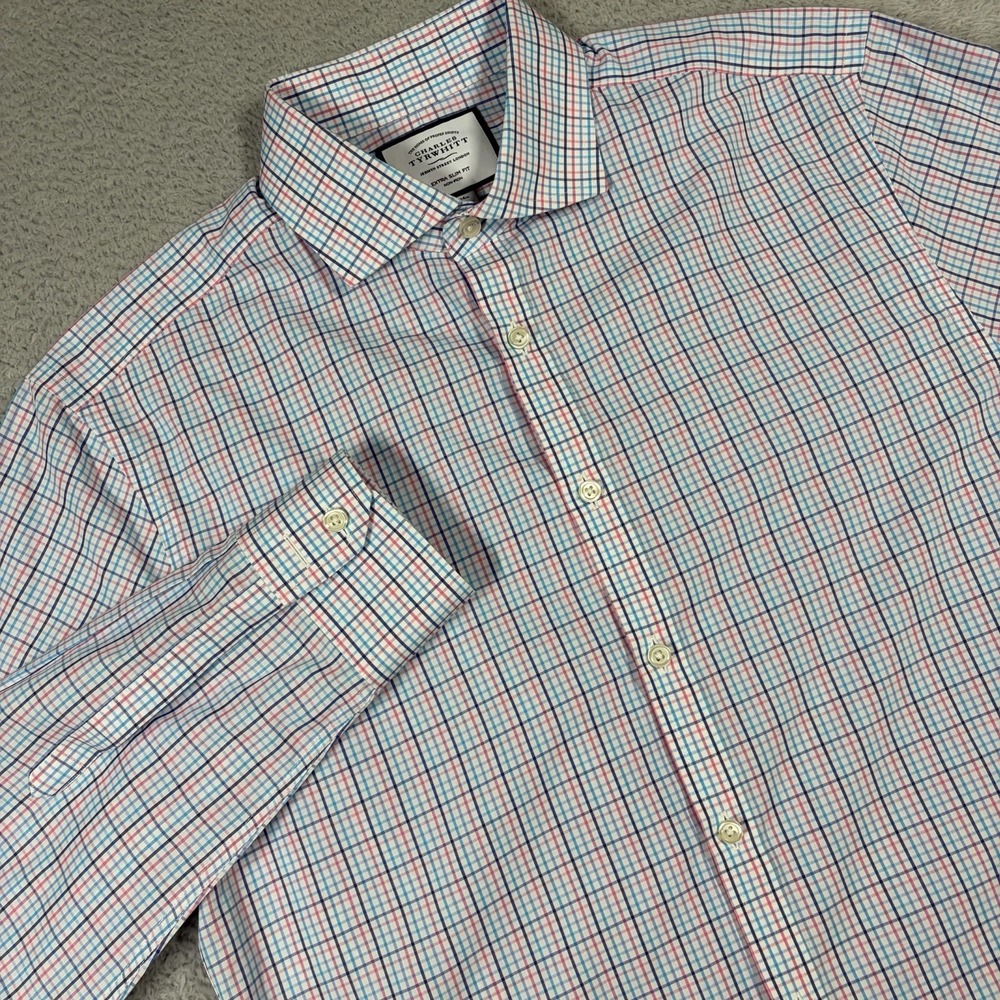 Charles Tyrwhitt Shirt Mens 16/34 Gingham Plaid White Blue Extra Slim Non Iron